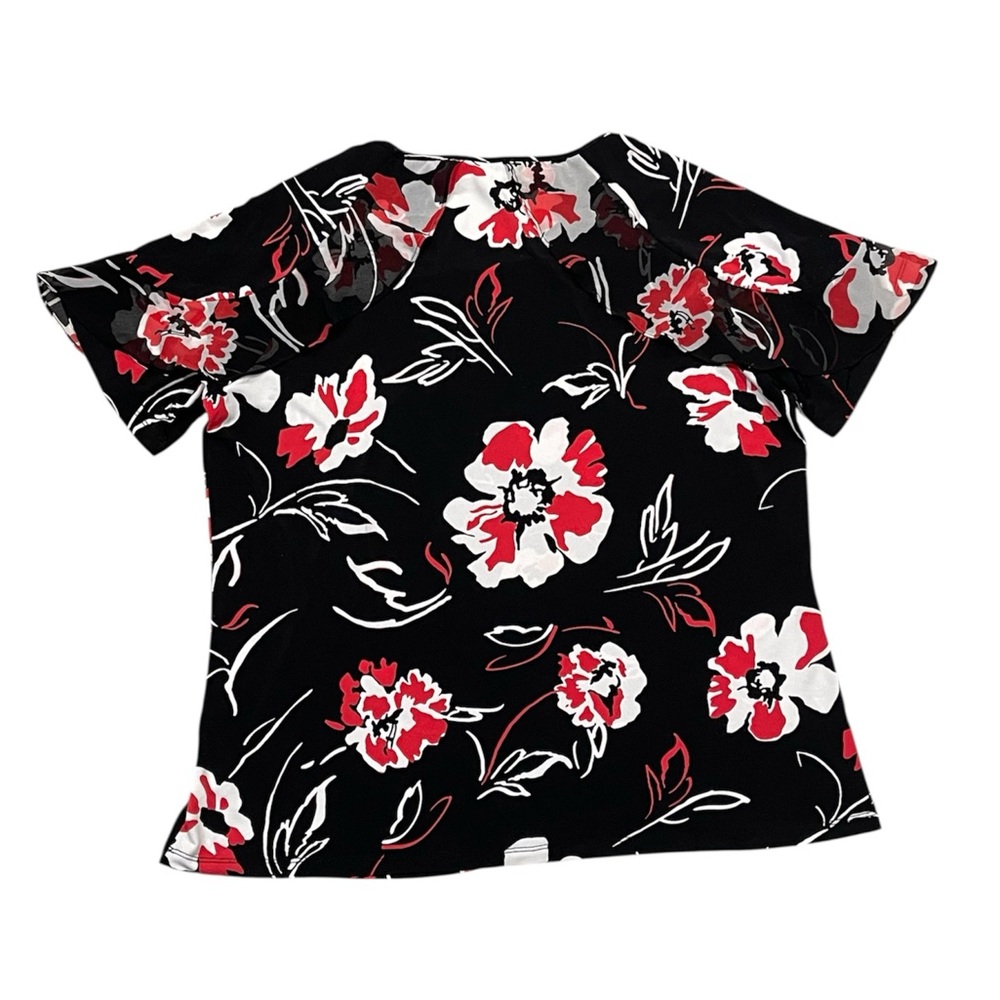 CALVIN KLEIN Womens Floral Top XL Black Red White Short Ruffle Sleeve Round Neck - Picture 3 of 10